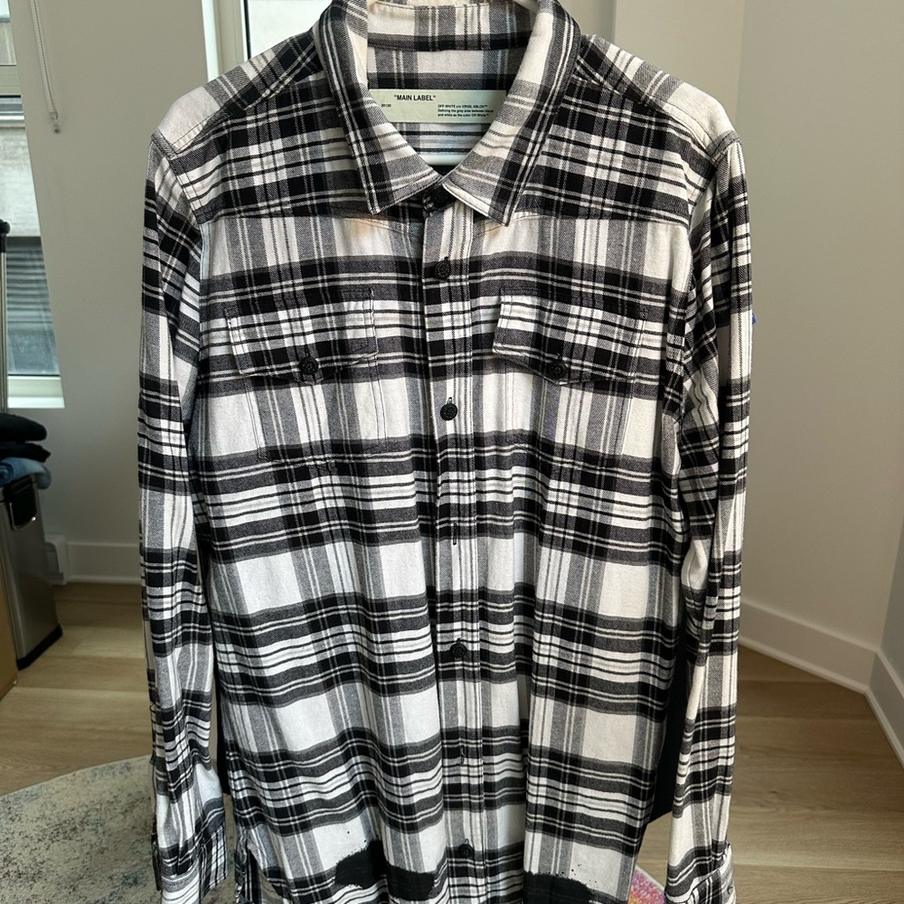 Off-White Black & White Flannel Shirt with Spray Paint “WHITE” Back Graphic